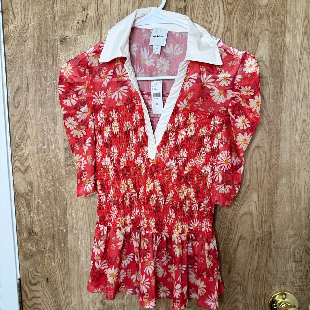 Maeve smocked Red orange Floral Blouse XS NWT Anthropologie - Picture 3 of 6